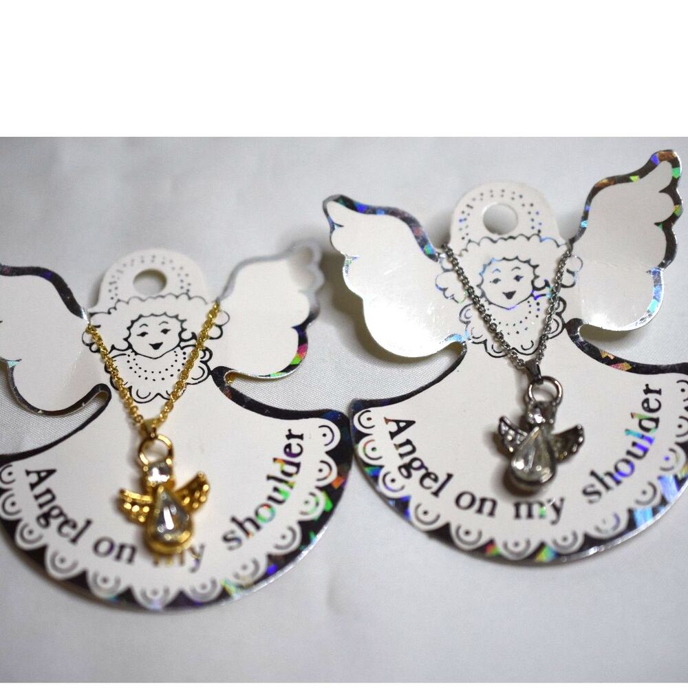 NWT 2 Angel On My Shoulder Silver/Gold Tone Crystal Angel 18" Necklaces